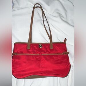 Michael Kors Red Nylon Tote with Brown Leather Trim and Gold Accent